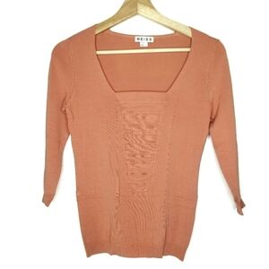 REISS Corset Preppy Top Pleated Square‎ Neck 3/4 Sleeve Women's XS Salmon Ribbed